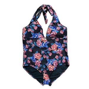 MODCLOTH Black Floral Halter bathing suit One Piece Swimsuit chic low cut sz 2X